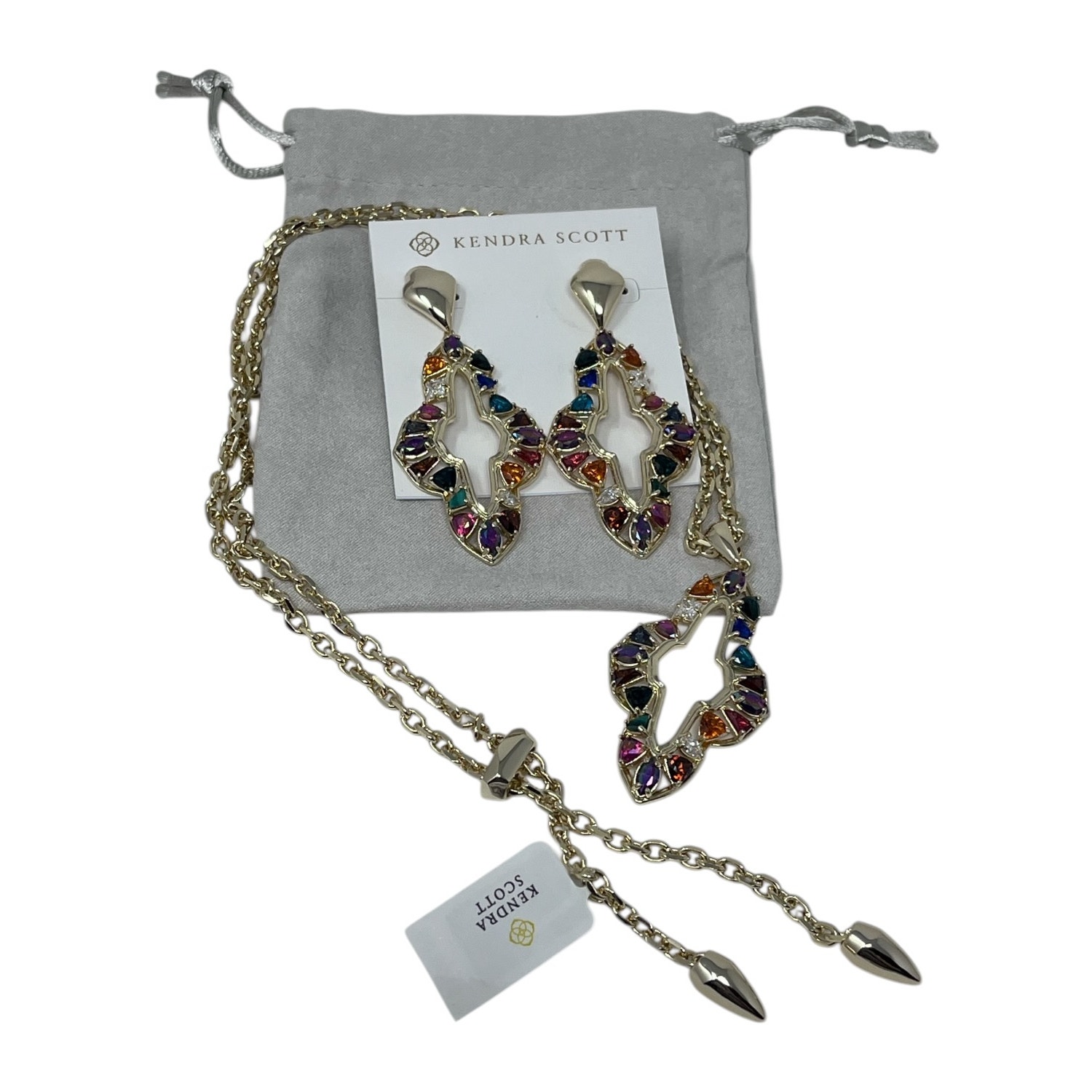 Kendra Scott Abbie Set Gold Multi Mix Pendant Necklace + Earrings Set Nwt $400